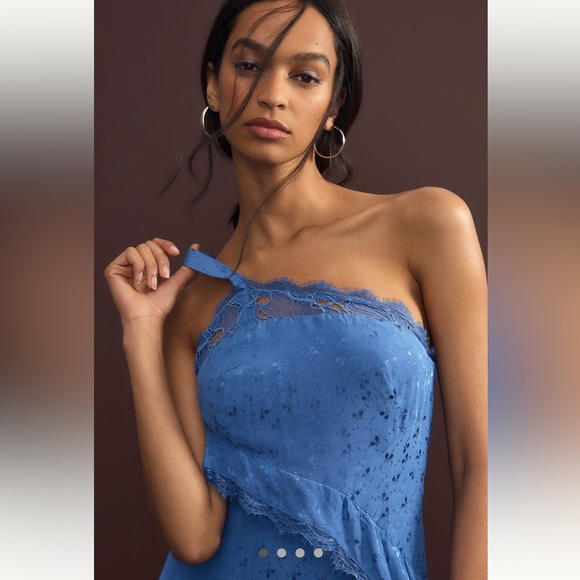 NWT Anthropologie Asymmetrical Lace Blue Maxi Dress Size 16 - Picture 3 of 15